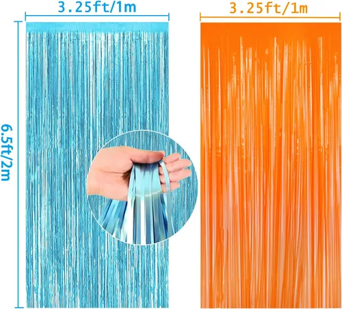 Miniatura 2 de Paquete de 2 cortinas de flecos metálicos de aluminio azul y naranja para decoraciones de fiesta, cortina de fondo azul y naranja para fiesta