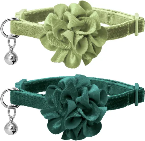 Miniatura 8 de azuza Paquete de 2 collares de gato floral con campana y corbatín de flores extraíble, ajustable, tela de terciopelo para mascotas, decoración