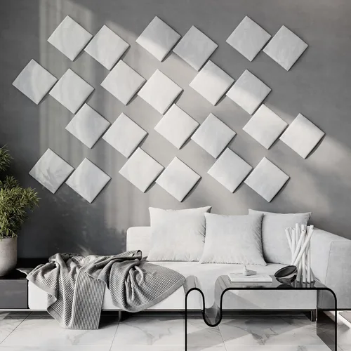 Miniatura 35 de Paneles de arte acústicos decorativos de terciopelo suave para pared, azulejos absorbentes e insonorizantes ecoamortiguadores, tablones suaves Blanco