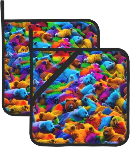 Juego de almohadillas calientes de 8 x 8 pulgadas con estampado de osos coloridos, antideslizante, resistente al calor, para hornear y cocinar