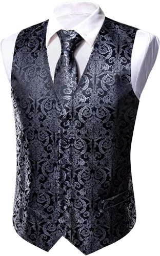 Miniatura 80 de Barry.Wang Conjunto de chaleco de pajarita para hombre, chaleco con cuello en V de seda jacquard de cachemira, gemelos de pañuelo formal/ocio, boda