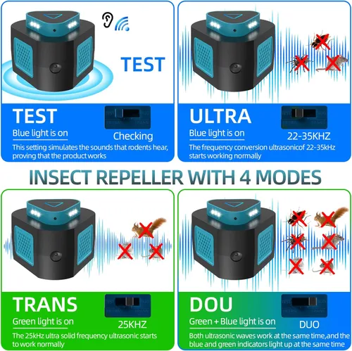 Miniatura 4 de Repelente ultrasónico para ratones, 4 modos, control de roedores de plagas para ratones, ratas, ardillas, murciélagos, cucarachas, arañas, repelente