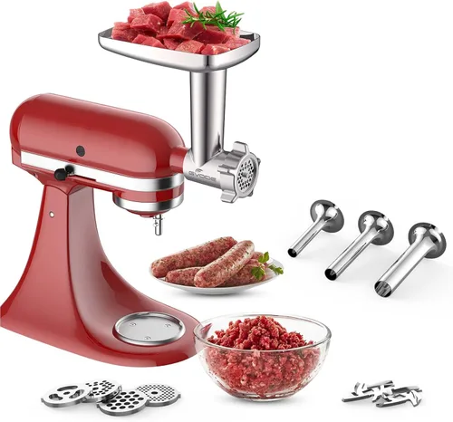 Miniatura 2 de Accesorio de molinillo de carne de metal para batidora de pie KitchenAid, molinillo de carne para Kitchen Aid incluye 4 placas de molienda, 3 tubos
