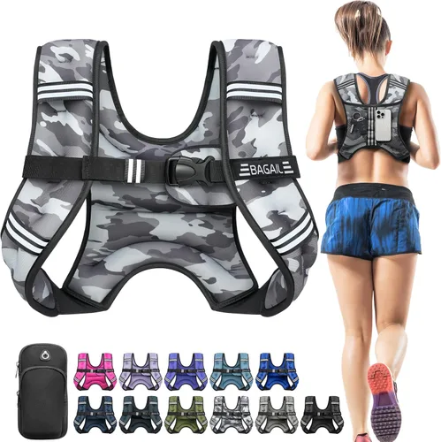 Miniatura 33 de BAGAIL Chaleco con peso de 5, 8, 10, 12, 15, 20, 25, 30 lbs, para caminar y perder peso, reflectante, con bolsa para teléfono, para mujeres y Negro