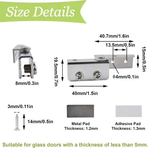 Miniatura 2 de Bisagra de puerta de cristal, 2 pares de bisagras de pivote de puerta de vidrio montadas en el lado de acero, sin marco, abrazadera ajustable, kit