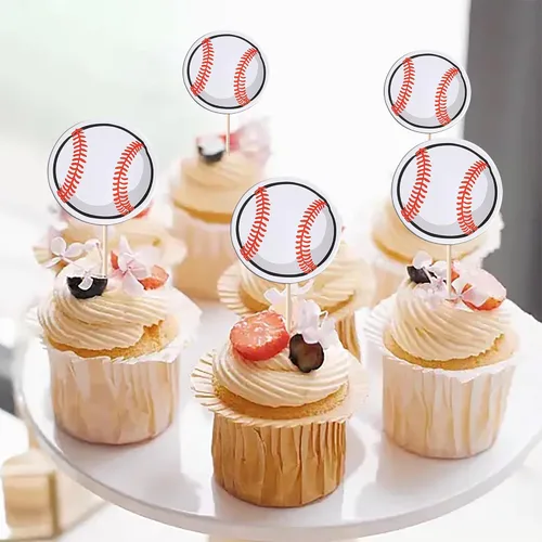 Miniatura 3 de Rsstarxi Paquete de 40 adornos de béisbol para cupcakes con temática de pelota deportiva, para decoración de pasteles de baby shower, temática