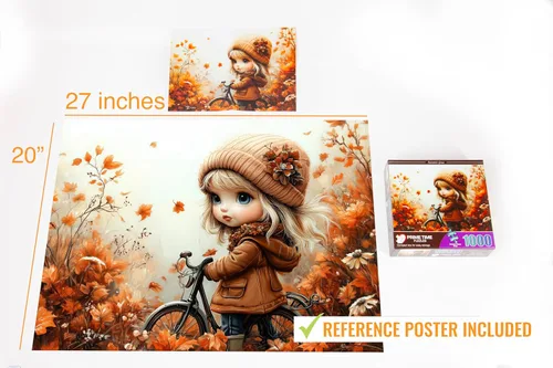 Miniatura 5 de Rompecabezas de 1000 piezas para adultos, linda chica con bicicleta en coloridas hojas y flores de otoño, rompecabezas desafiante perfecto