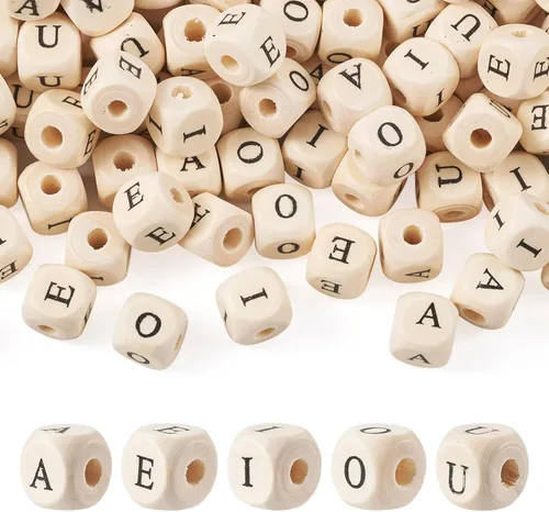 KISSITTY 250 cuentas de madera con letras vocales de 0.472 pulgadas, cubo A E I O U inicial del alfabeto con agujero grande, cuentas espaciadoras