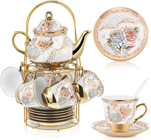 Miniatura 17 de Zhehao Juego de té de porcelana de 20 piezas con soporte de metal y cuchara para adultos, juego de té de cerámica para adultos, pintura de flores