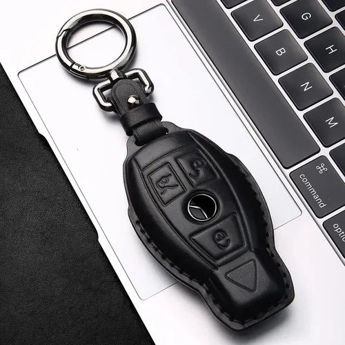 Miniatura 4 de Tukellen Funda para llavero Mercedes Benz de piel auténtica con llavero, protector de cuero compatible con C E M S CLS CLK GLK GLC G AMG Series Negro