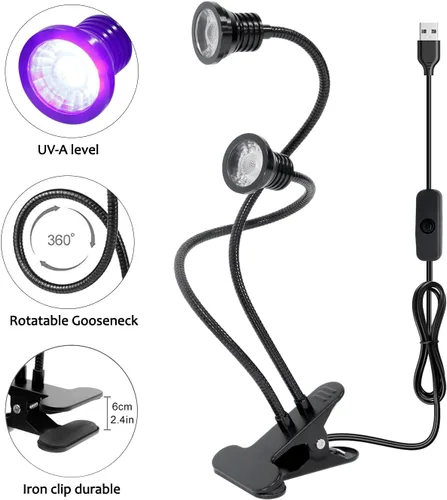 Miniatura 2 de YXO YUXINOU Accesorio negro con cuello de cisne y abrazadera para curado UV de uñas de gel UV, portátil, doble cabeza, luz negra UV de 5 V, entrada
