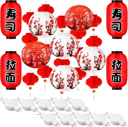 Miniatura 8 de Tuanse 40 linternas de papel japonesas chinas decorativas LED con flor de cerezo rojo chino para interiores y exteriores (rojo, rosa)