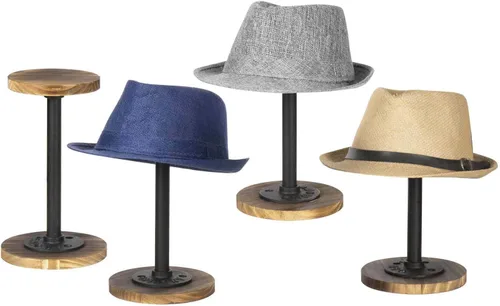 Miniatura 10 de MyGift 2 soportes para sombreros, perchero para sombreros de vaquero, organizador de gorra de béisbol con tubo de metal industrial, peluca o Madera