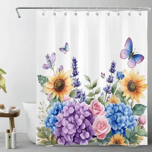 LB Cortina de ducha de hortensias azules para baño, cortina de ducha rústica de girasol amarillo botánico y lavanda púrpura con ganchos, cortina de