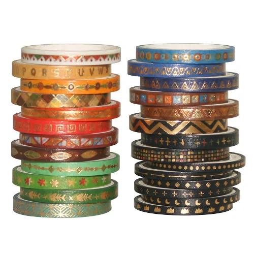 Miniatura 7 de YUBBAEX Juego de 26 rollos de cinta washi india, 0.197 in de ancho, tótem folclórico dorado fino decorativo para diario, álbum de recortes, agenda