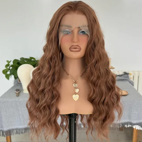 Miniatura 3 de RONGDUOYI Pelucas de encaje frontal sintético marrón 30 para mujer, 13 x 4, peluca larga de onda profunda, raya en medio, línea capilar natural, uso