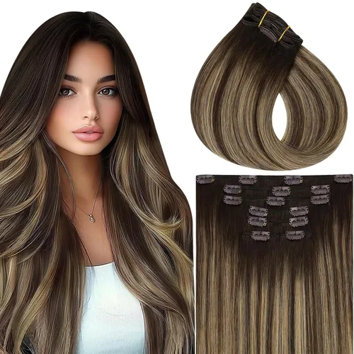 Miniatura 20 de Vivien Extensiones de cabello humano con clip, color negro azabache, extensiones de cabello humano real con pinzas invisibles, doble trama, 14