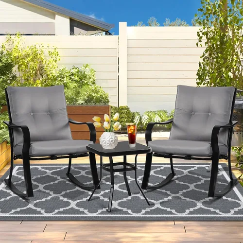 Miniatura 3 de Juego de 3 sillas mecedoras para exteriores, muebles de patio, sillas de metal negro y mesa de centro con tapa de vidrio con cojines gruesos