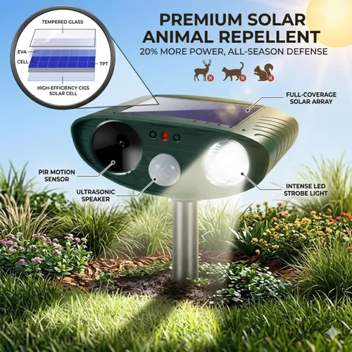 Miniatura 3 de Repelente de ciervos Squirrel Racoon Fortress Pro, repelente de animales ultrasónico solar para exteriores con luz intermitente, dispositivos