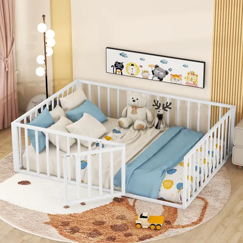 Miniatura 12 de Harper & Bright Designs Cama de suelo Queen con rieles de valla y puerta, cama de piso de metal Queen para niñas y niños, cama de suelo Montessori