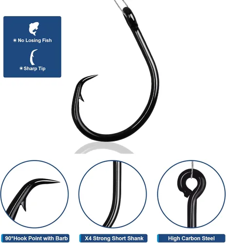 Miniatura 4 de Ganchos circulares para agua salada en línea, ganchos de pesca para bagre, 4 ganchos Mustad fuertes de acero de alto carbono para atún, carpa
