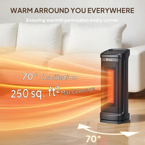 Miniatura 3 de ROVSUN - Calentador de espacio eléctrico de 17''H con control remoto, calentador de torre portátil con oscilación de 70°, temporizador, termostato
