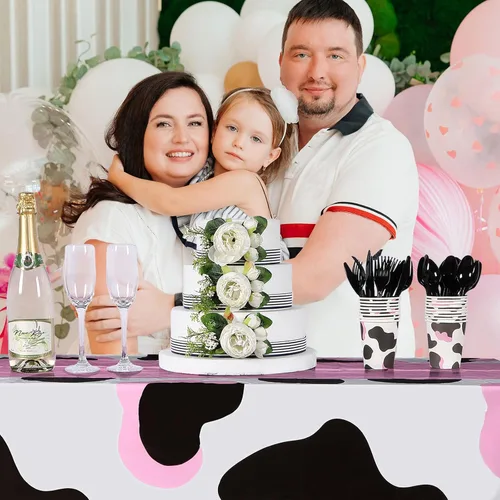 Miniatura 6 de Preboun Mantel de plástico de 3 piezas con diseño de vaca rosa vaquera, diseño de cachemira, desechable, para baby shower, suministros de fiesta