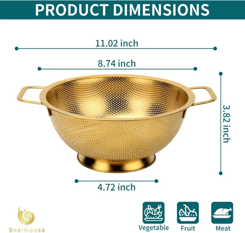 Miniatura 6 de Snailhouse Colador de acero inoxidable de 3 cuartos de galón para pasta, arroz, alimentos, colador metálico con asas y base autodrenante