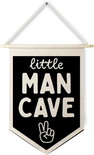 Qpenm Cueva del Hombre Pequeño Bandera Colgante de Pared en Lienzo, Decoración para Habitación de Niños, Banderines Modernos en Blanco y Negro con