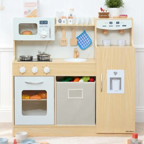 inFUNSAME Cocina de juego de madera para niños pequeños de 3 a 5 años con sistema de almacenamiento y 18 piezas, juego de regalo de cocina compacto