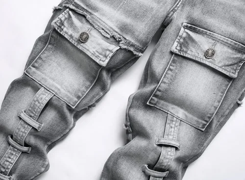 Miniatura 3 de XIMXIMMTIAN Jeans rectos de motociclista para hombre, desgastados, desgastados, ajustados, rectos