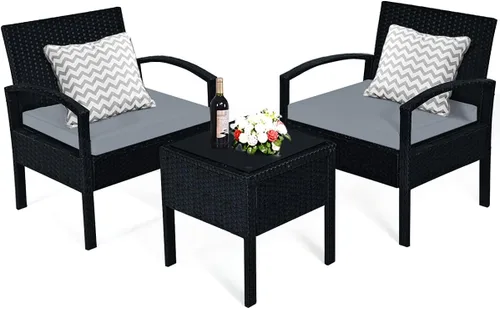 Miniatura 9 de Tangkula Juego de 3 piezas para conversación de patio, juego de sofá de ratán al aire libre con cojines de asiento y mesa auxiliar, juego de muebles