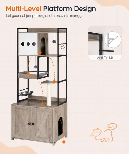 Miniatura 9 de HOOBRO Árbol para gatos con caja de arena, torre para gatos de 58.7 pulgadas de alto con muebles de caja de arena oculta, con poste rascador