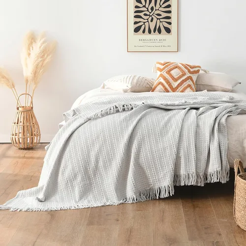 Miniatura 10 de Manta de Gofre 100% Algodón con Flecos, Manta de Tejido Gofre Prelavada para Todas las Estaciones, Manta Ligera Transpirable Suave y Acogedora tipo