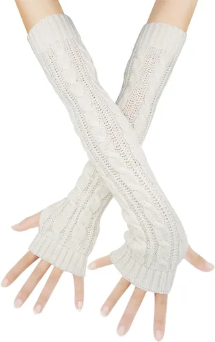 Miniatura 13 de Bellady Guantes de invierno para mujer, cálidos sobre el codo, guantes largos sin dedos con agujero para el pulgar, guantes de punto para calentar