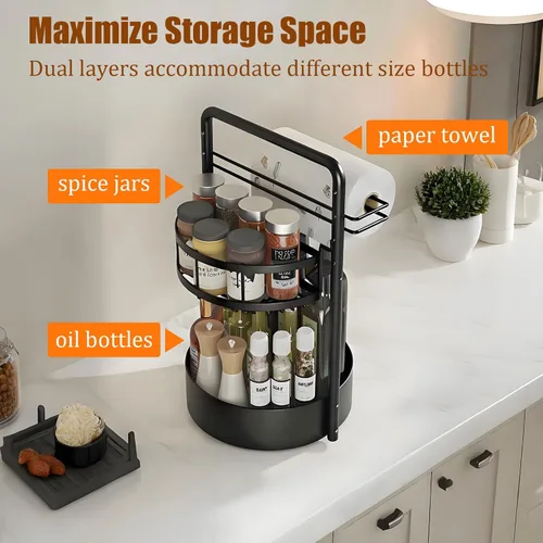 Miniatura 5 de JEESA Organizador Lazy Susan, estante giratorio de metal de 360° para especias con soporte para toallas de papel, soporte giratorio para Negro