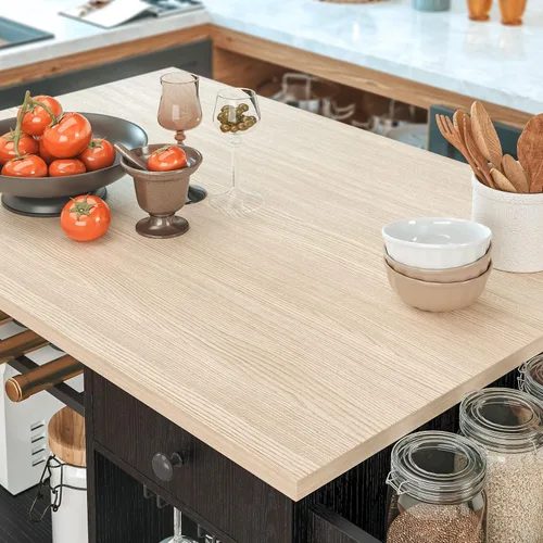 Miniatura 9 de IRONCK Carrito de isla de cocina rodante con hojas caídas y estante para vino, carrito de servir con ruedas para microondas con cajón y estantes