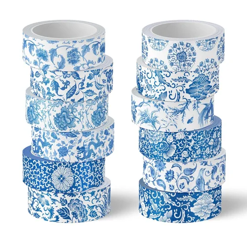 Whaline 12 rollos de cinta washi floral azul chinoiserie flor washi cinta vintage de enmascaramiento decorativo de regalo cinta de papel de