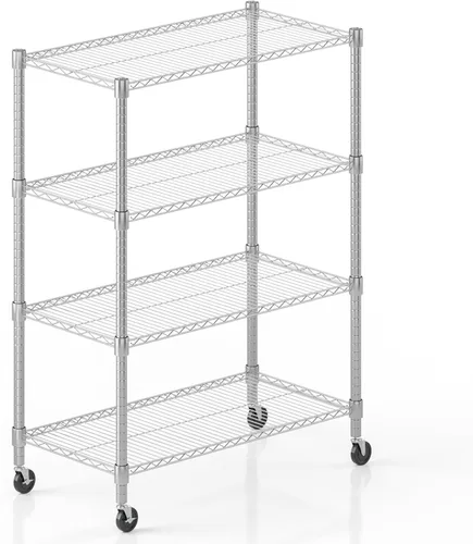 Miniatura 7 de Himimi Estantería de almacenamiento de alambre de acero resistente de 4 niveles, estantes de almacenamiento de metal ajustables con ruedas, estante