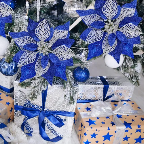 Miniatura 8 de Juego de 14 flores de Pascua de 8.7 pulgadas de ancho, 4 capas de flores de pascua con purpurina azul para árbol de Navidad, coronas, guirnaldas