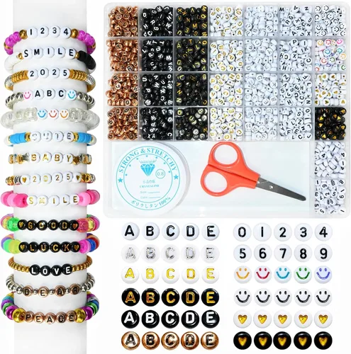 Miniatura 11 de Amaney – 1600 piezas, cuentas acrílicas del alfabeto, 31 estilos, corazón, número, estrella y sonriente, cuentas de 4 x 7 mm para hacer joyería