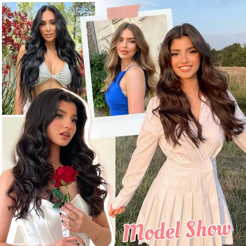 Miniatura 3 de Fliace Extensiones de cabello con clip para mujer, extensiones de cabello ondulado largo de color marrón medio, extensiones de cabello sintético