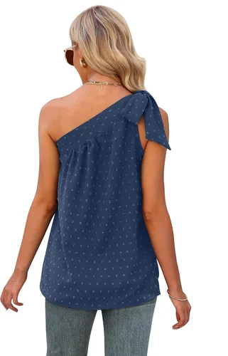 Miniatura 5 de XIEERDUO Camisetas de gasa de verano con un hombro para mujer, con lazo, sin mangas, ajuste holgado