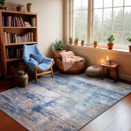 Miniatura 2 de Alfombra abstracta de 3 x 5 para sala de estar, dormitorio, entrada, color azul
