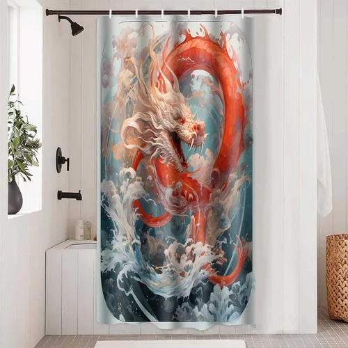 YLOKPA0717 - Cortina de ducha de dragón japonés con ganchos, enorme ola de mar, cortina de baño de dragón rojo, 36 x 72 pulgadas, decoración de baño