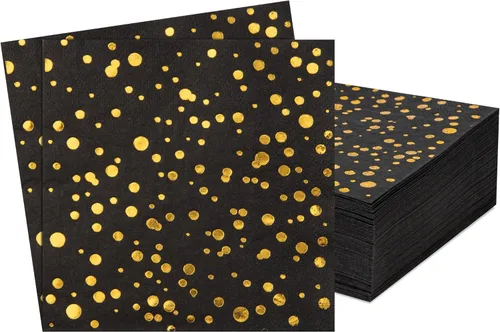 Paquete de 80 servilletas de cóctel de papel negro con confeti de lunares de lámina dorada, suministros de fiesta de lunares (5 x 5 in, 3 capas)