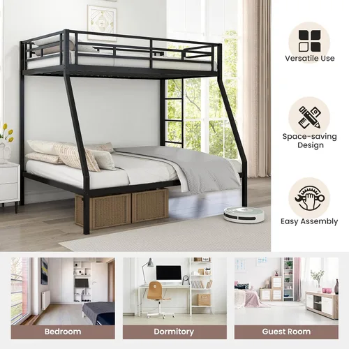 Miniatura 8 de KOMFOTT Litera de metal individual sobre cama matrimonial, marco de cama resistente con escalera integrada, barandillas de longitud completa