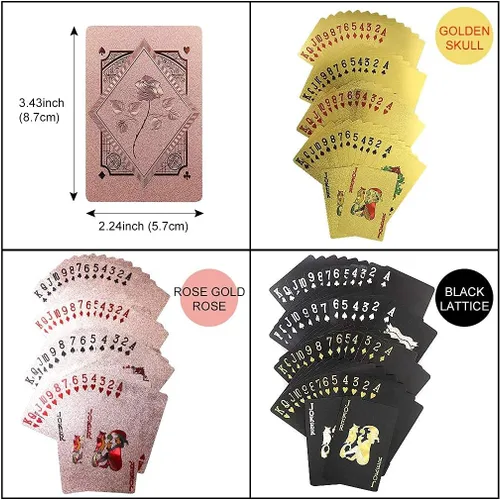 Miniatura 5 de 3 barajas de cartas impermeables de plástico para jugar cartas de póquer, color negro y oro rosa, cartas temáticas estándar de póquer impermeables
