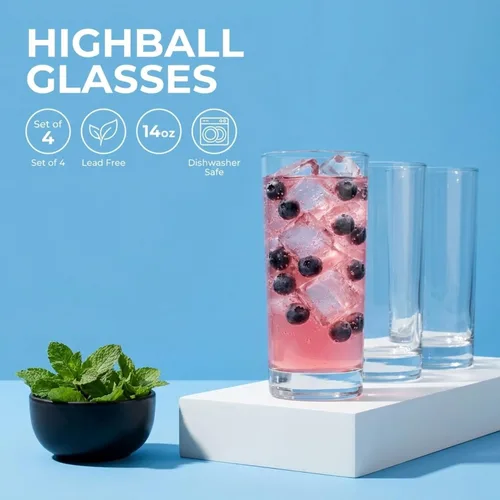 Miniatura 2 de Godinger Highball - Vasos altos de vidrio hechos en Italia, juego de vasos de agua, vasos de cóctel, 14 onzas, juego de 4, fabricado en Italia