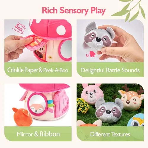 Miniatura 4 de hahaland Juguetes para bebés de 6 a 12 meses – Juguetes Montessori para niña de 6 meses, mi primera casa de hongos con animales rellenos